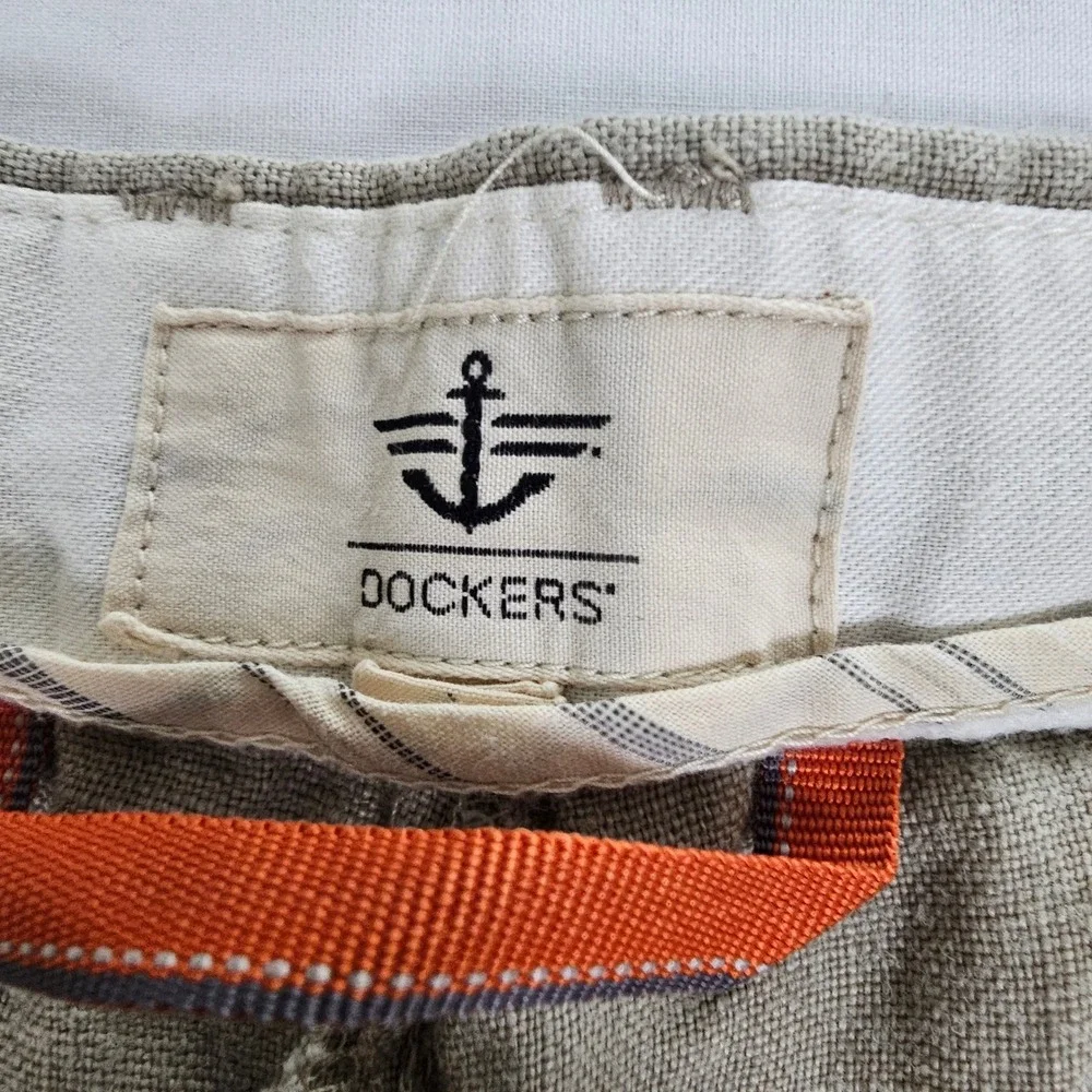 Dockers Mens 36x30 Khaki 100% Linen Flat Front Casual Trousers Pants Stone